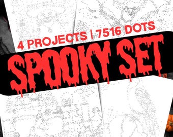 May include: Four white paper projects with dot-to-dot designs, featuring Halloween themes. The text "4 PROJECTS | 7516 DOTS" and "SPOOKY SET" are in red. The image has a dark background with Halloween decorations.