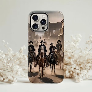 May include: A phone case featuring a Western-themed illustration of skeleton cowboys riding horses down a dusty street. The image has a sepia tone, with the cowboys wearing hats and black jackets. The case is designed to fit a smartphone.