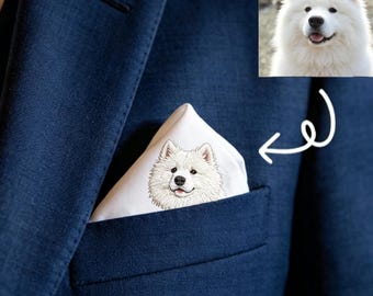 Embroidered Samoyed Photo Pocket Square, Custom Cotton Handkerchief, Men's Wedding Gift SXQ2604