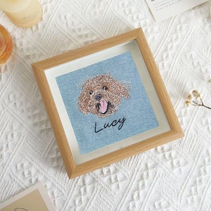 Puede incluir: Un bordado enmarcado con un perro marrón con la lengua fuera, sobre un fondo azul claro. El nombre del perro, "Lucy", está escrito en cursiva debajo. El marco es de madera clara.