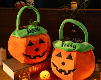 Custom Halloween Trick or Treat Bag, Pumpkin Embroidered Plush Halloween Basket for kids, Candy Tote Bag with Name, Halloween Gift for Child