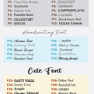 May include: A typography chart showcasing different font styles, categorised into General, Handwriting, and Cute fonts. Each font is labelled with a number and name, including "Times New Roman" and "Academy". The chart is designed to display various typography options.