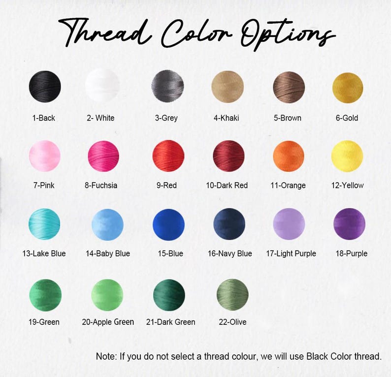 Puede incluir: Imagen que muestra una carta de colores titulada "Thread Color Options". Presenta 22 muestras de color, cada una con un n&uacute;mero y un nombre de color, incluyendo negro, blanco, gris, caqui, marr&oacute;n, dorado, rosa, fucsia, rojo y m&aacute;s. Una nota indica que se usar&aacute; hilo negro si no se selecciona ning&uacute;n color.