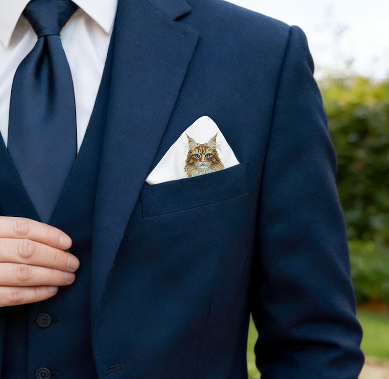 May include: A navy blue suit with a matching tie and a white pocket square featuring a detailed illustration of a cat. The cat has brown and tan fur with blue eyes. The suit has a three-button closure.