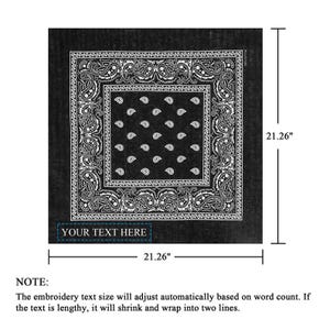 Puede incluir: Bandana cuadrada negra con estampado de cachemira blanco y un dise&ntilde;o central de formas de l&aacute;grima blancas. La bandana mide 54 cm por cada lado. El texto "YOUR TEXT HERE" se muestra en la parte inferior.