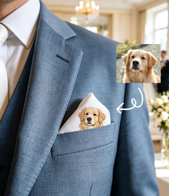Embroidered Pet Photo Pocket Square, Custom Cotton Handkerchief, Men's Wedding Gift SXQ2604