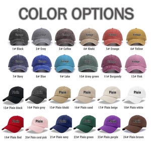 May include: A display of baseball caps in various colors, including black, grey, coffee, khaki, orange, and yellow. The caps are labeled with color names and numbers, with some featuring "Vintage" or "Plain" text.