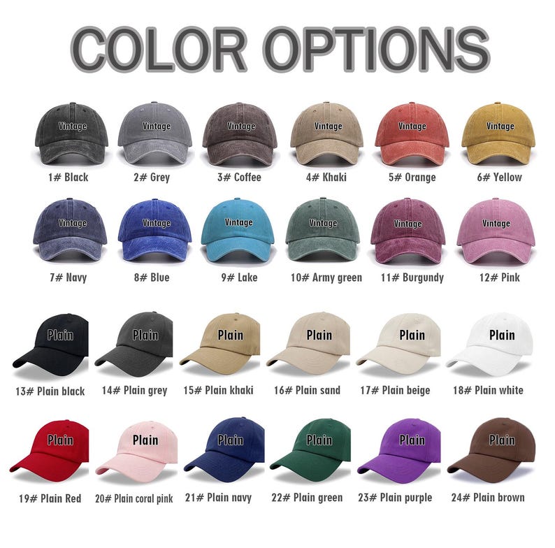 May include: A display of baseball caps in various colors, including black, grey, coffee, khaki, orange, and yellow. The caps are labeled with color names and numbers, with some featuring "Vintage" or "Plain" text.
