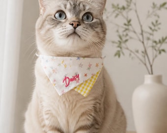 Custom Name Reversible Cat Bandana,Personalized Embroidered Cat Scarf,Colorful Star Pet Bandana,Kitten Photo Prop,Pet Lover Gift,G0805