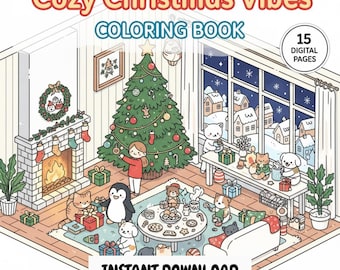 May include: A digital coloring book titled "Cozy Christmas Vibes" with a festive illustration. The image shows a decorated Christmas tree, a fireplace, and various cartoon animals and characters in a cozy room setting. The text "15 DIGITAL PAGES" is also visible.