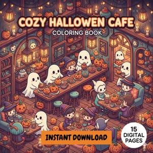 May include: A digital coloring book cover titled "Cozy Halloween Cafe" featuring a whimsical illustration. The image shows a cafe scene with cartoon ghosts, children in witch hats, pumpkins, and the text "Instant Download" and "15 Digital Pages".