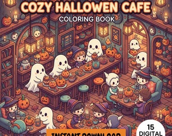 May include: A digital coloring book cover titled "Cozy Halloween Cafe" featuring a whimsical illustration. The image shows a cafe scene with cartoon ghosts, children in witch hats, pumpkins, and the text "Instant Download" and "15 Digital Pages".