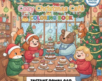 Puede incluir: Portada de un libro para colorear digital titulado "Cozy Christmas Café" con personajes de dibujos animados, incluyendo un zorro, un oso y ardillas, reunidos alrededor de una mesa con postres y bebidas. La imagen tiene un tema navideño.