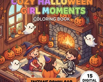 May include: A digital coloring book cover titled "Cozy Halloween Girl Moments" with illustrations of children in Halloween costumes, pumpkins, ghosts, and a fireplace. The cover also includes the text "Instant Download" and "15 Digital Pages".