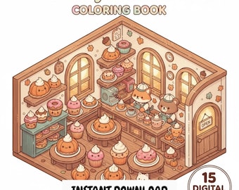 May include: A digital coloring book titled "Kawai Cozy Coffee & Treats" featuring an isometric illustration of a cafe. The cafe is filled with cupcakes, donuts, and pumpkin-shaped treats. The image includes the text "Instant Download" and "15 Digital Pages".
