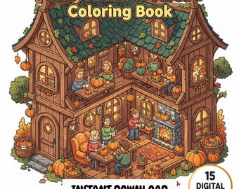 May include: A digital coloring book cover with the text "Cozy Autumn Vibes Coloring Book" above an illustration of a two-story wooden house. The house is decorated with pumpkins and fall foliage, with people inside. The words "Instant Download" are below the house.