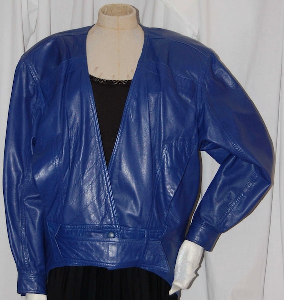 vintage 80s leather jacket, cobalt blue leather, b