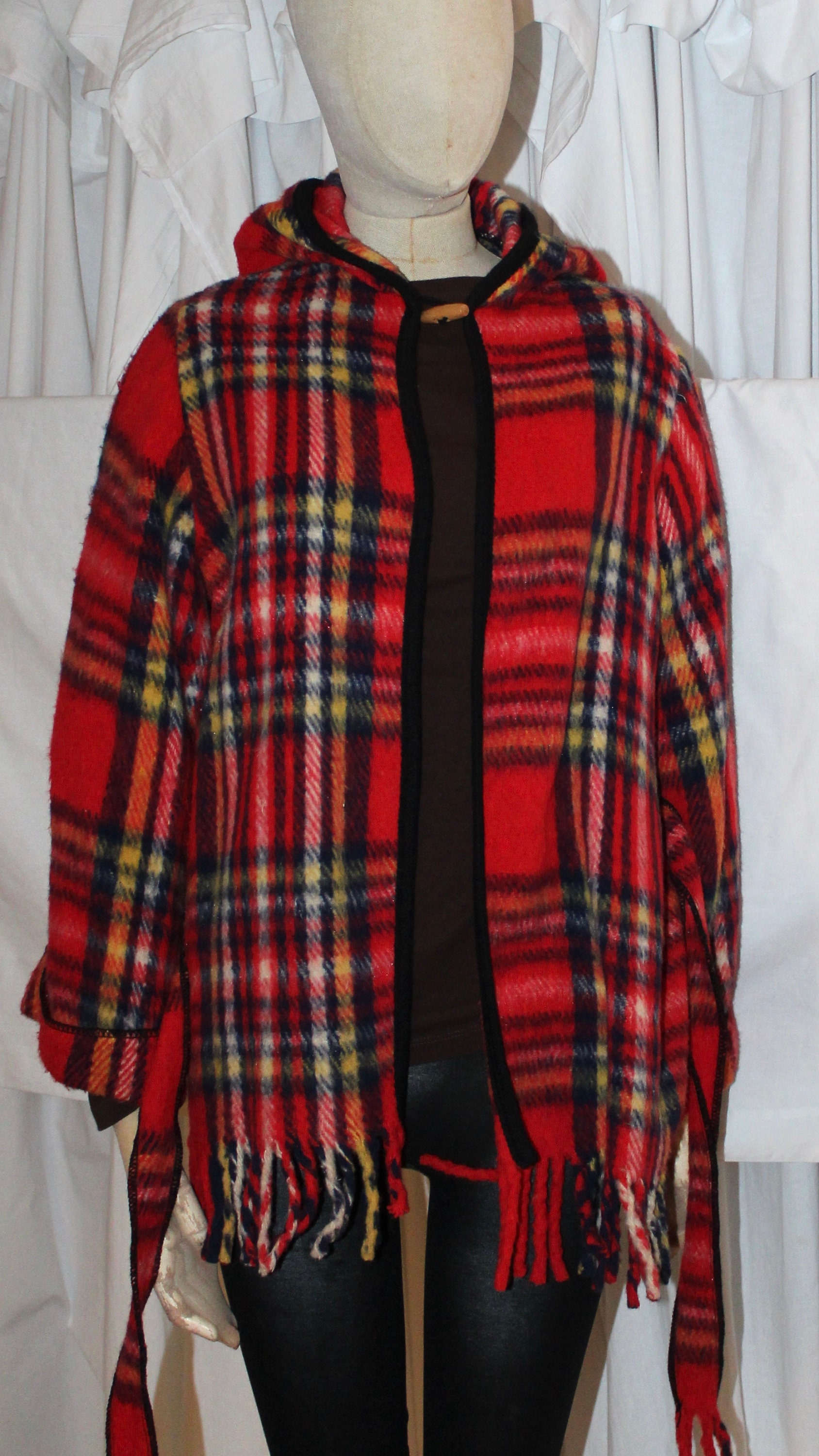 Vintage Red Plaid Blanket Jacket 60s Fringe Toggle Coat Etsy UK