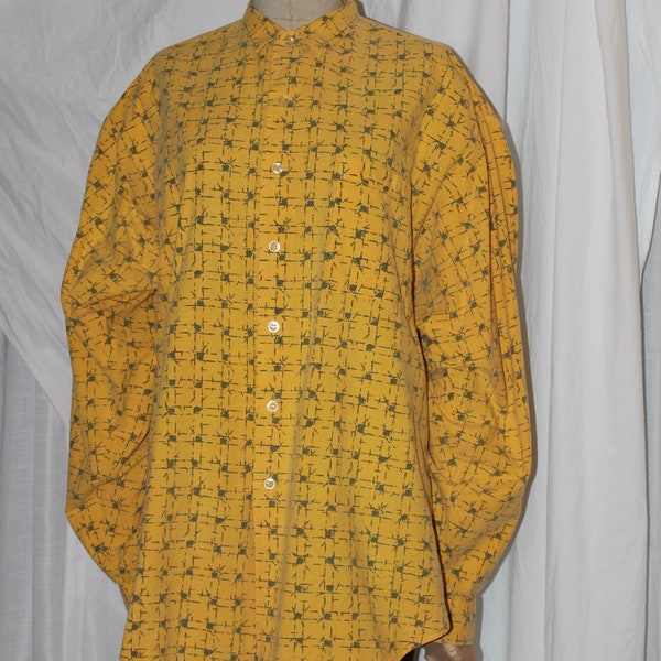 Vintage 80s men's shirt Hutspah rad new wave faded yellow + black cross hatch oversize button front wide shoulder arm hole taper sleeve