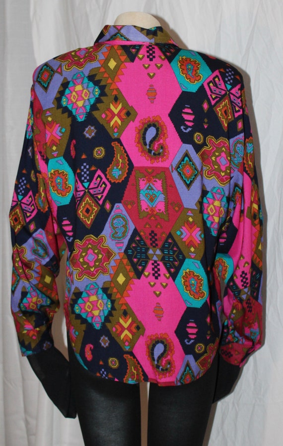 Vintage 80s top colorful print, psychedelic south… - image 2
