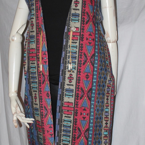 Vintage southwestern print blanket vest long sleeveless duster coat gilet colorful Native American Aztec insp print wool lined below knee