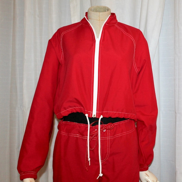 Vintage 80s track suit, red w white topstitch crop jacket jeans style pants 2 pc wind suit beach wear