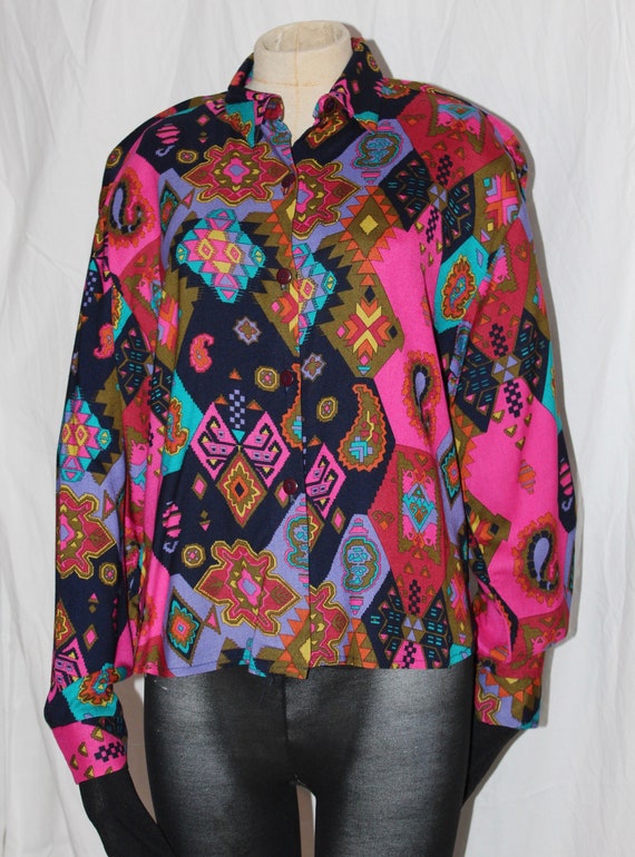 Vintage 80s top colorful print, psychedelic south… - image 1