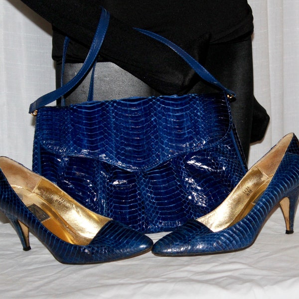 Vintage cobalt blue spike heel reptile pumps and matching bag J Renee point toes 3" heels fold-over pleat front shoulder or clutch bag