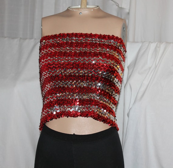 Vintage sequined tube top red and silver stripes o