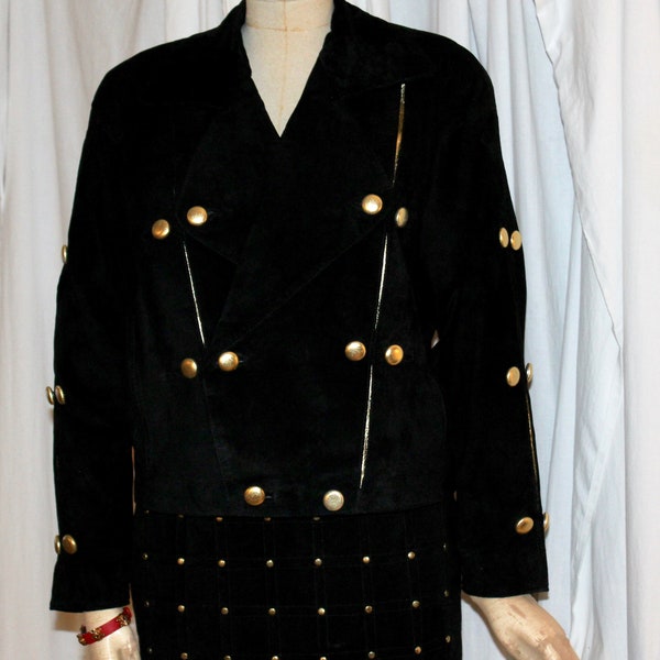 Vintage 80s black suede suit, studded punk black & gold, moto glam new wave Suzelle, big shoulder, metallic leather panels, pencil skirt