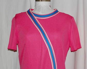 Vintage 60s mod dress, hot pink synthetic knit, electric blue turquoise diagonal trim short sleeve, larger size Easter Moms Day , crew neck