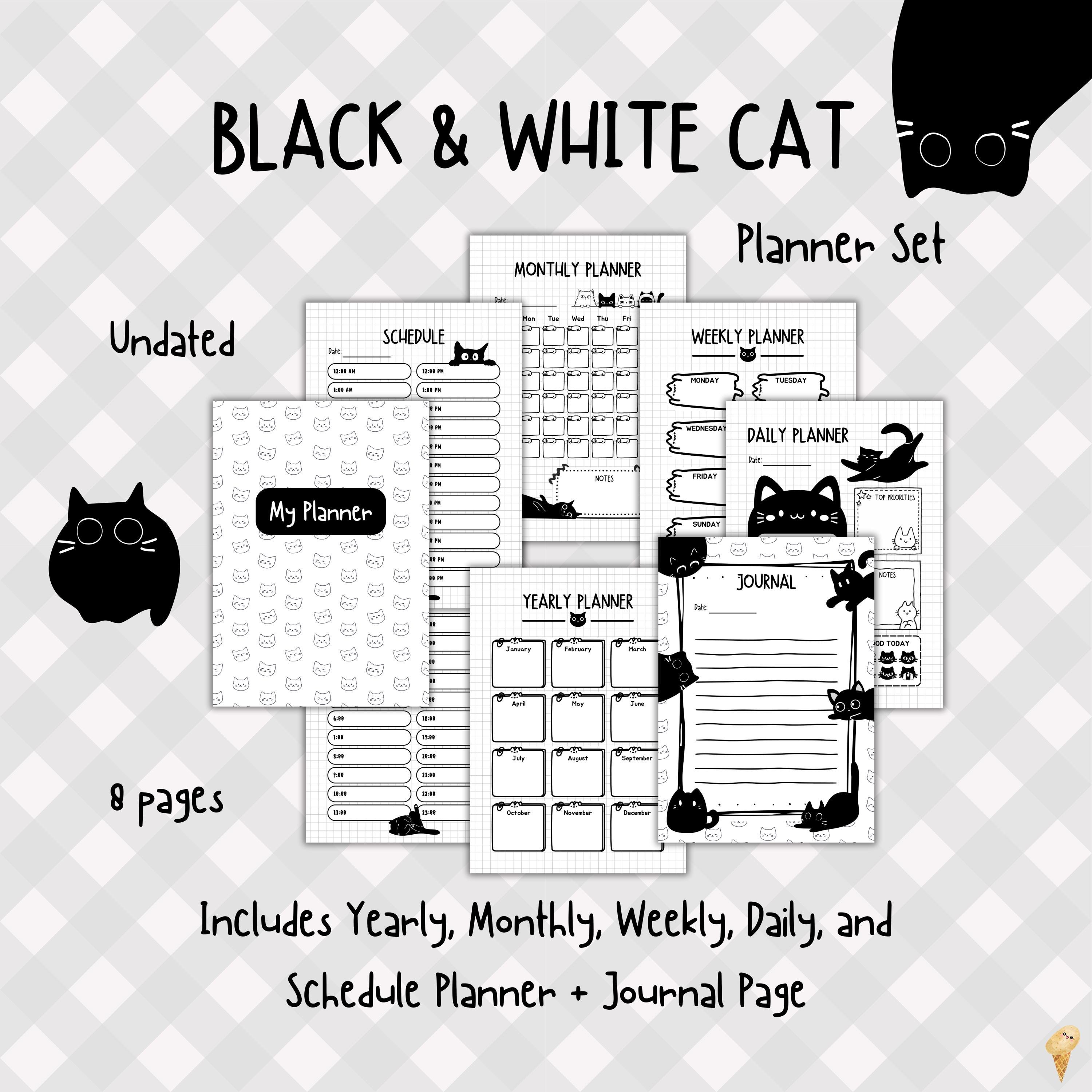 Cute Cat Planner Set | Black & White Aesthetic Kawaii Digital Printable ...