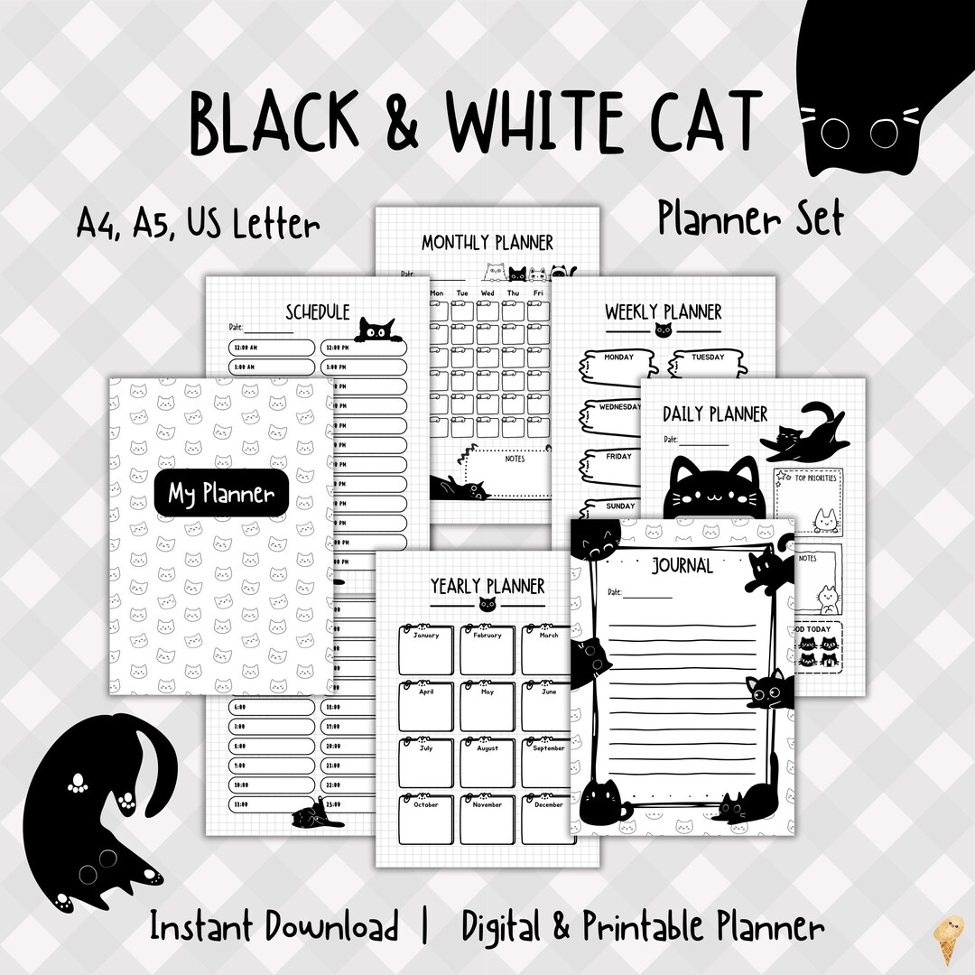 Cute Cat Planner Set | Black & White Aesthetic Kawaii Digital Printable ...