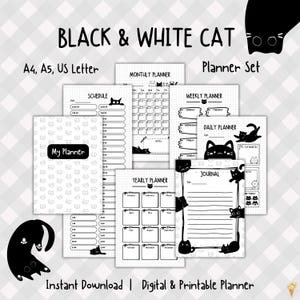 Peut inclure: Un ensemble de planificateurs noir et blanc sur le thème des chats. L'ensemble comprend un planificateur mensuel, hebdomadaire et quotidien, un journal et un planificateur annuel. Le texte sur le planificateur comprend "Black & White Cat", "My Planner".