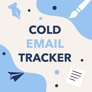 May include: A digital graphic featuring the text COLD EMAIL TRACKER in dark blue and light blue letters. The background is cream with light blue abstract shapes, a dark blue paper airplane, a fountain pen nib, a paintbrush, and a document icon.