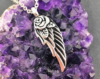 Cremation Urn Necklace - Rose Angel Wing Pendant, Wing Necklace, Ash Holder, Pet Memorial, Sympathy Gift, Stainless Steel,  / free shipping