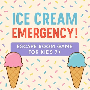 May include: A colorful graphic for an "Ice Cream Emergency!" escape room game for kids 7+. The design features two ice cream cones, one with pink ice cream and the other with blue ice cream, set against a background of sprinkles.
