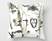 Personalized Valentines Gift Day Birch Forest with Custom Initial Carved Heart Watercolor Pillow Cover