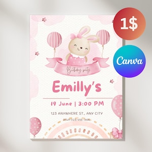 bunny Birthday Invitation | Editable Animal Party Invite | Instant Download | 5x7 Printable Template