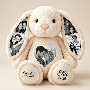 Peluche de conejito personalizado, recuerdo fotográfico con 5 fotos y texto