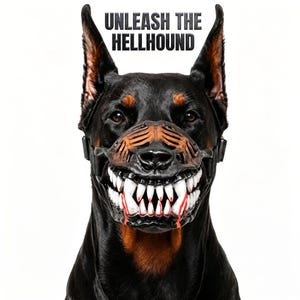 May include: A black and tan Doberman dog wearing a brown and black muzzle with a realistic set of white teeth and red accents. The text UNLEASH THE HELLHOUND is printed in black above the dog's head against a plain white background.