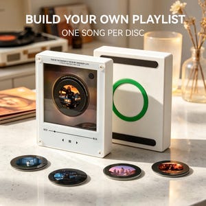 Puede incluir: Un marco rectangular blanco para reproductor de música con una ranura circular central para un disco, que presenta un gráfico de interfaz digital con controles de reproducción. Incluye cuatro discos pequeños con imágenes y un soporte blanco.