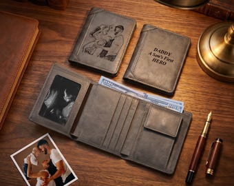 Custom Mens Wallet, Photo Engraved PU Leather Bifold with Personalized Design