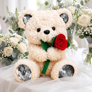 Puede incluir: Un oso de peluche color crema con un acabado de piel texturizada y rizada. El oso tiene ojos negros, nariz negra y sostiene una rosa de fieltro rojo brillante. Se ven impresiones fotográficas circulares en blanco y negro en orejas y pies.