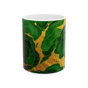 Green and Gold Abstract Ceramic Mug, Modern Coffee Cup, Tea Mug, Office Desk Decor, Kitchen Gift, Holiday Gift