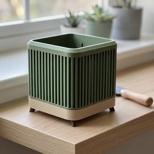 May include: A square-shaped planter with a dark olive green slatted exterior and a solid light beige base. The planter is supported by four small, dark brown feet at each corner, providing a stable foundation for this functional container.