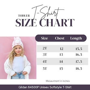May include: Toddler T-Shirt Size Chart with measurements in inches. The chart includes sizes 2T, 3T, 4T, and 5T, with chest and length measurements. A young child is wearing a white t-shirt and a knit hat.