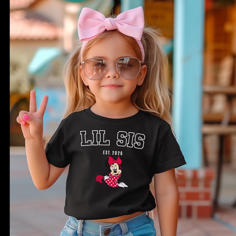 May include: A young girl wearing a black t-shirt with the words "LIL SIS EST. 2026" in white block letters. The shirt features a cartoon Minnie Mouse design. She is also wearing a pink bow headband and sunglasses.