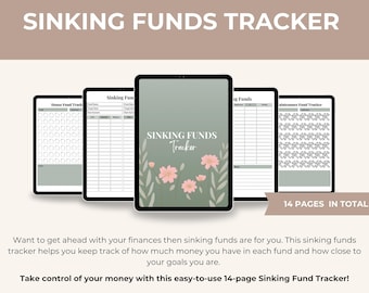 May include: Digital sinking funds tracker displayed on multiple tablets. The central tablet features the text "Sinking Funds Tracker" with floral accents. The image also includes the text "14 Pages in Total".