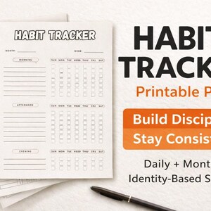 Peut inclure: Plusieurs feuilles de suivi d'habitudes imprimables avec le titre "Habit Tracker" en gras noir. Les feuilles comportent des sections pour le suivi quotidien et hebdomadaire, avec les mots "Matin", "Après-midi" et "Soir". L'image comprend également le texte "Build Discipline, Stay Consistent".